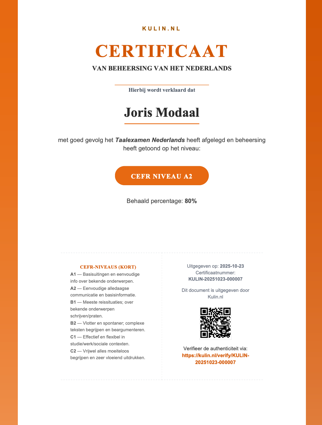 Voorbeeld van een KULIN.NL certificaat – online verifieerbaar